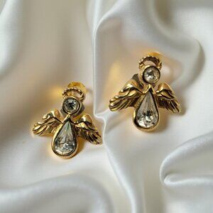 Vintage Avon Gold Angel Stud Earrings With Rhinestone Accents